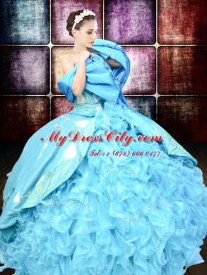 Nice Baby Blue Ball Gowns Embroidery and Ruffles Sweet 16 Quinceanera Dress Lace Up Organza and Taffeta Sleeveless Floor Length