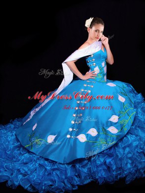 Nice Baby Blue Ball Gowns Embroidery and Ruffles Sweet 16 Quinceanera Dress Lace Up Organza and Taffeta Sleeveless Floor Length