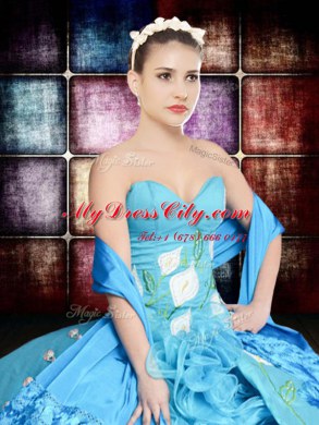 Nice Baby Blue Ball Gowns Embroidery and Ruffles Sweet 16 Quinceanera Dress Lace Up Organza and Taffeta Sleeveless Floor Length