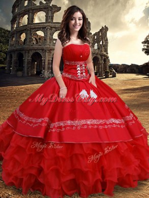 Modest Red Ball Gowns Embroidery and Ruffled Layers Ball Gown Prom Dress Lace Up Organza and Taffeta Sleeveless Floor Length