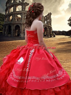 Modest Red Ball Gowns Embroidery and Ruffled Layers Ball Gown Prom Dress Lace Up Organza and Taffeta Sleeveless Floor Length