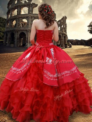 Modest Red Ball Gowns Embroidery and Ruffled Layers Ball Gown Prom Dress Lace Up Organza and Taffeta Sleeveless Floor Length
