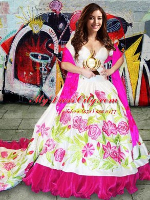 Great With Train White Quinceanera Gown Organza and Taffeta Brush Train Sleeveless Embroidery