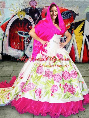 Great With Train White Quinceanera Gown Organza and Taffeta Brush Train Sleeveless Embroidery