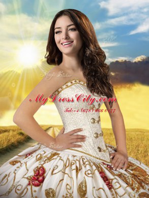 Floor Length Lace Up Quince Ball Gowns White for Military Ball and Sweet 16 and Quinceanera with Beading and Embroidery and Ruffles