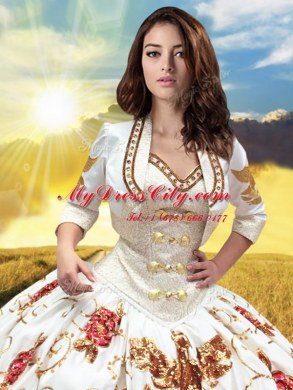 Floor Length Lace Up Quince Ball Gowns White for Military Ball and Sweet 16 and Quinceanera with Beading and Embroidery and Ruffles