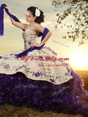 Adorable Sleeveless Brush Train Embroidery and Ruffles Lace Up Sweet 16 Dress