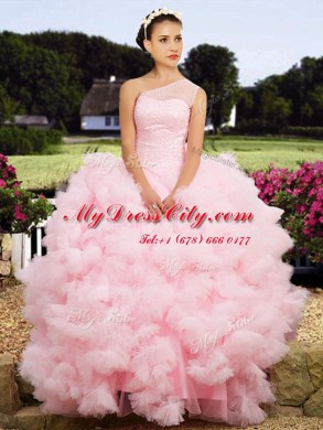 One Shoulder Sleeveless Floor Length Beading Lace Up Quinceanera Gowns with Baby Pink