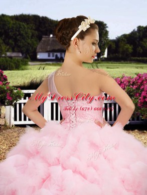 One Shoulder Sleeveless Floor Length Beading Lace Up Quinceanera Gowns with Baby Pink