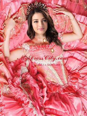 Decent Off the Shoulder Watermelon Red Ball Gowns Beading and Embroidery and Ruffled Layers Quinceanera Dress Lace Up Taffeta Sleeveless Floor Length