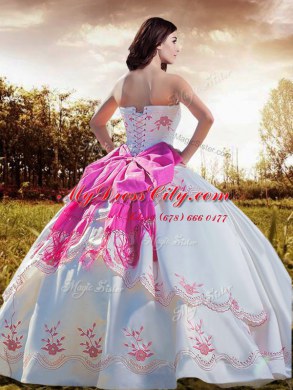 White Taffeta Lace Up Strapless Sleeveless Floor Length 15th Birthday Dress Embroidery and Bowknot