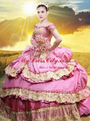 Pretty Off the Shoulder Pick Ups Rose Pink Sleeveless Taffeta Lace Up Quinceanera Gowns for Military Ball and Sweet 16 and Quinceanera