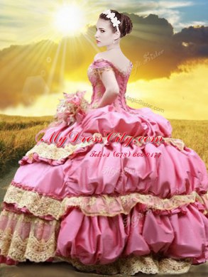 Pretty Off the Shoulder Pick Ups Rose Pink Sleeveless Taffeta Lace Up Quinceanera Gowns for Military Ball and Sweet 16 and Quinceanera