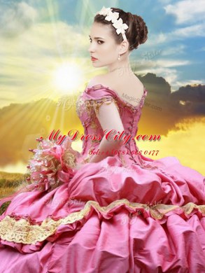 Pretty Off the Shoulder Pick Ups Rose Pink Sleeveless Taffeta Lace Up Quinceanera Gowns for Military Ball and Sweet 16 and Quinceanera