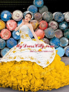 Modern Yellow And White Lace Up Sweetheart Appliques and Embroidery and Ruffles Ball Gown Prom Dress Organza Sleeveless