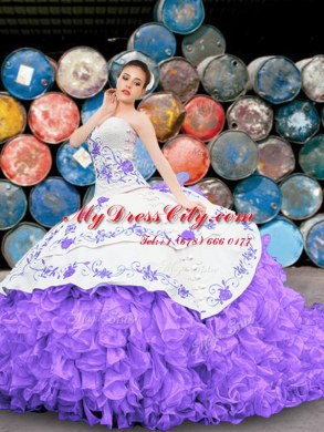 Stylish White And Purple Organza Lace Up Sweetheart Sleeveless Floor Length Quinceanera Gown Appliques and Embroidery and Ruffles