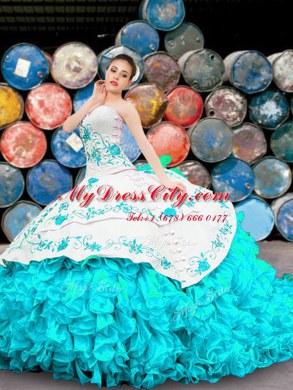 Romantic Blue And White Ball Gowns Sweetheart Sleeveless Organza Floor Length Lace Up Appliques and Embroidery and Ruffles Quince Ball Gowns