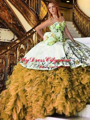 Best Floor Length Ball Gowns Sleeveless Yellow And White 15th Birthday Dress Lace Up