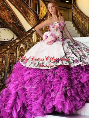 Glorious Sleeveless Floor Length Appliques and Embroidery Lace Up Sweet 16 Dresses with Pink And White