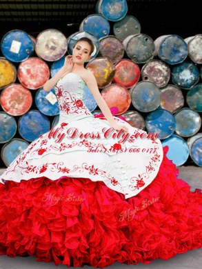White And Red Quinceanera Gowns Sweet 16 and Quinceanera and For with Appliques and Embroidery and Ruffles Sweetheart Sleeveless Lace Up