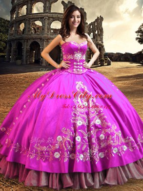 Fuchsia Ball Gowns Sweetheart Sleeveless Satin Floor Length Lace Up Embroidery Sweet 16 Dress