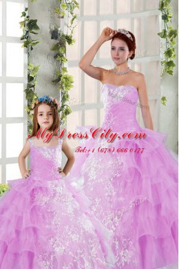 Deluxe Floor Length Lace Up 15th Birthday Dress Lilac for Military Ball and Sweet 16 and Quinceanera with Beading and Ruching