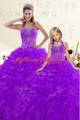 Sweetheart Sleeveless Quinceanera Dress Floor Length Beading and Ruffles Purple Organza