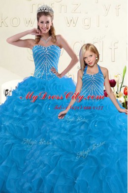 Fitting Floor Length Blue Quinceanera Dress Organza Sleeveless Beading and Ruffles