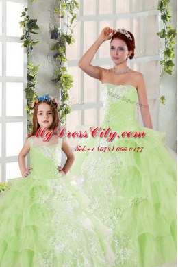 Suitable Yellow Green Strapless Neckline Beading and Ruffled Layers and Ruching Sweet 16 Quinceanera Dress Sleeveless Lace Up