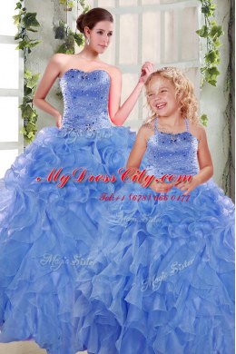 Blue Sleeveless Beading and Ruffles Floor Length Quinceanera Dress