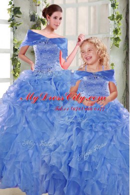 Blue Sleeveless Beading and Ruffles Floor Length Quinceanera Dress