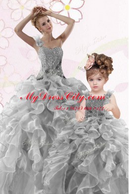 One Shoulder Grey Sleeveless Floor Length Beading and Ruffles Lace Up Sweet 16 Dresses