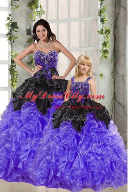 Black And Purple Ball Gowns Beading and Ruffles Quinceanera Dresses Lace Up Organza Sleeveless Floor Length