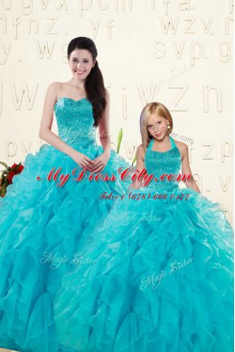 Aqua Blue Sleeveless Organza Lace Up Quinceanera Gowns for Military Ball and Sweet 16 and Quinceanera