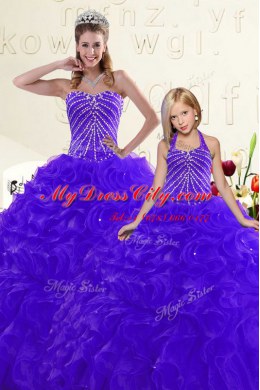 Sweet Blue and Purple Ball Gowns Sweetheart Sleeveless Organza Floor Length Lace Up Beading and Ruffles Sweet 16 Quinceanera Dress
