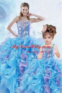 Sleeveless Floor Length Beading and Ruffles and Sequins Lace Up Sweet 16 Quinceanera Dress with Multi-color