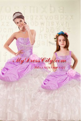 Comfortable Organza and Taffeta Sleeveless Floor Length Quince Ball Gowns and Beading and Ruffled Layers and Hand Made Flower