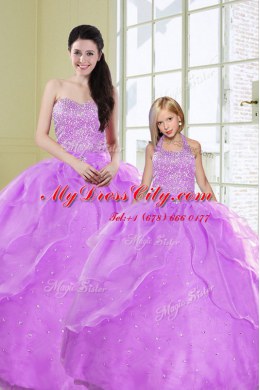 Fantastic Lilac Sleeveless Floor Length Beading and Sequins Lace Up Quinceanera Gown