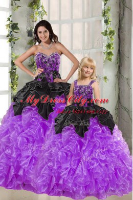 Customized Black And Purple Ball Gowns Beading and Ruffles Quinceanera Gown Lace Up Organza Sleeveless Floor Length