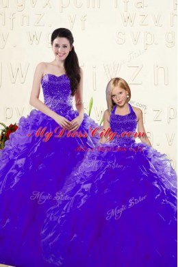 Customized Purple Sweetheart Lace Up Beading and Ruffles 15th Birthday Dress Sleeveless