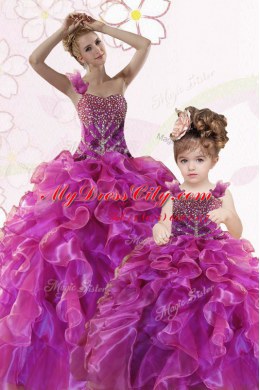 Fuchsia Lace Up Sweetheart Beading and Ruffles Vestidos de Quinceanera Organza Sleeveless