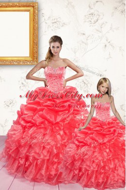 Pick Ups Sweetheart Sleeveless Lace Up Sweet 16 Dresses Coral Red Organza