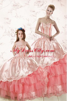 Fancy Watermelon Red Ball Gowns Organza Sweetheart Sleeveless Embroidery and Ruffled Layers Floor Length Lace Up 15th Birthday Dress
