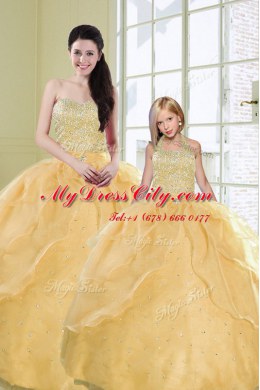 Sequins Floor Length Ball Gowns Sleeveless Gold Ball Gown Prom Dress Lace Up