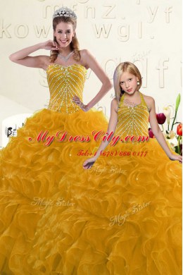 Dynamic Gold Sweetheart Lace Up Beading and Ruffles Quinceanera Dress Sleeveless