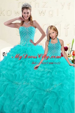 Modern Floor Length Aqua Blue 15th Birthday Dress Organza Sleeveless Beading and Ruffles