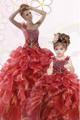 One Shoulder Coral Red Sleeveless Organza Lace Up Sweet 16 Dress for Military Ball and Sweet 16 and Quinceanera