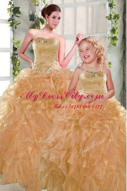 Modest Ball Gowns 15 Quinceanera Dress Orange Strapless Organza Sleeveless Floor Length Lace Up