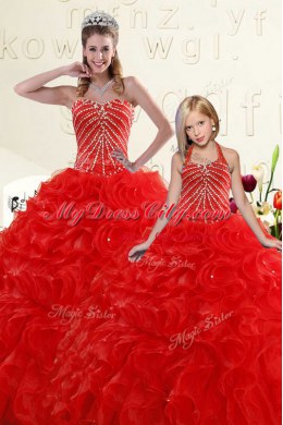 Red Sweetheart Lace Up Beading and Ruffles Quinceanera Gowns Sleeveless