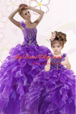 Sleeveless Floor Length Beading and Ruffles Lace Up Ball Gown Prom Dress with Purple